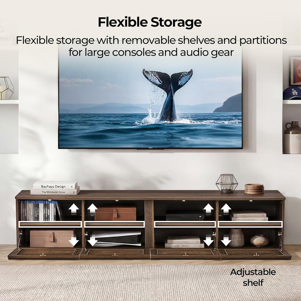 CHITA 70" Modern TV Stands with LED Light for TVs Up to 75 inches, Low Profile Entertainment Center with 4 Flip-Down Door & Fluted Details, TV Media Console for Living Room, Walnut