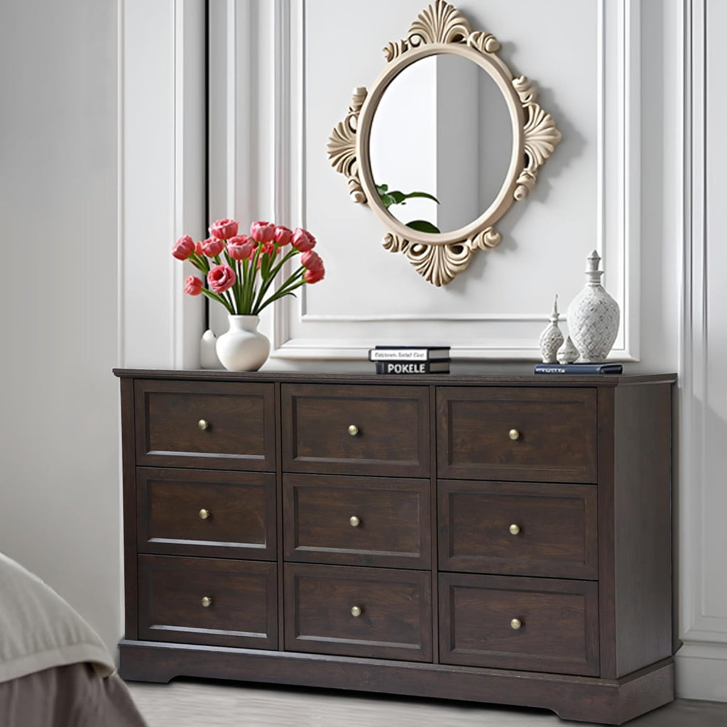 LOUVIXA Farmhouse Bedroom Sets of 4, 4Pcs Farmhouse Dresser Set .Including 9 Drawer Dresser, 5 Drawer Dressers and Nightstand Set of 2 with Charging Station (Brown Sets, 4 Pieces)