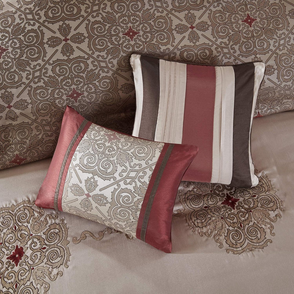 Madison Park Essentials Delaney 24-Piece Room In A Bag Comforter Set-Satin Jacquard, All Season Luxury Bedding, Sheets, decorative pillows and Curtains, Valance, King(104"x92"), Medallion Red