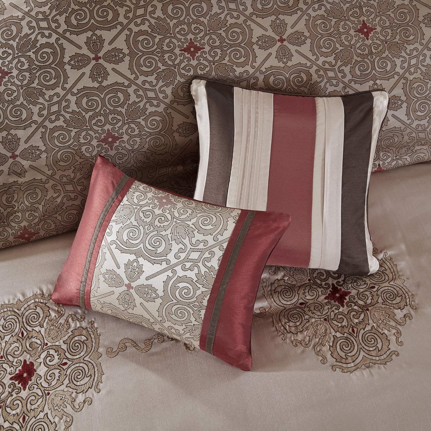 Madison Park Essentials Delaney 24-Piece Room In A Bag Comforter Set-Satin Jacquard, All Season Luxury Bedding, Sheets, decorative pillows and Curtains, Valance, King(104"x92"), Medallion Red