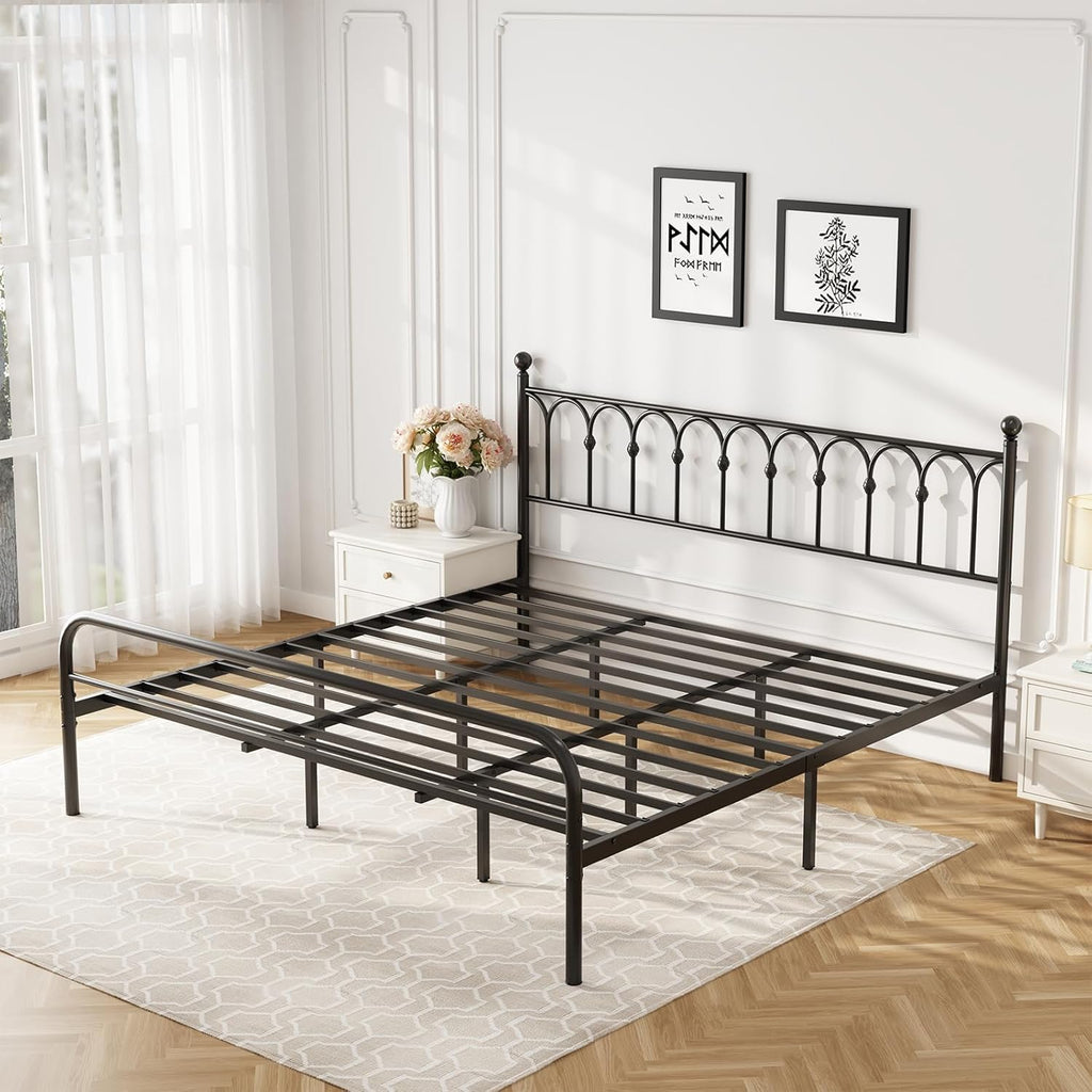 DUMOS King Size Bed Frame with Iron-Art Headboard, Heavy Duty Metal Platform Bed, 11.9" Under-Bed Storage, No Box Spring Needed, Easy Assembly, Modern Black