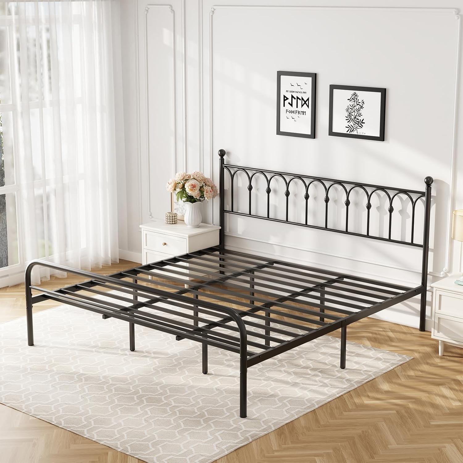 DUMOS King Size Bed Frame with Iron-Art Headboard, Heavy Duty Metal Platform Bed, 11.9" Under-Bed Storage, No Box Spring Needed, Easy Assembly, Modern Black