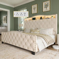 Belffin Queen Size Bed Frame and Headboard, 50.9" Velvet Upholstered Wingback Bedframe with LED Lights & Storage/Charging Station, Button Tufted Tall Footboard, No Box Spring Needed, Noise-Free, Beige