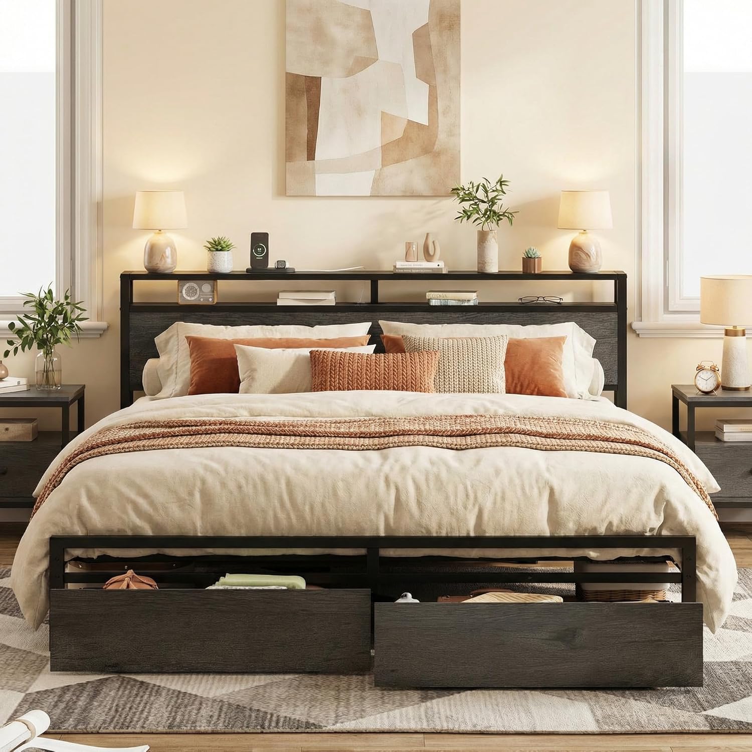 LIKIMIO King Bed Frame with Storage Headboard, Platform Bed with Drawers and Charging Station, No Box Spring Needed, Easy Assembly, Charcoal Grey