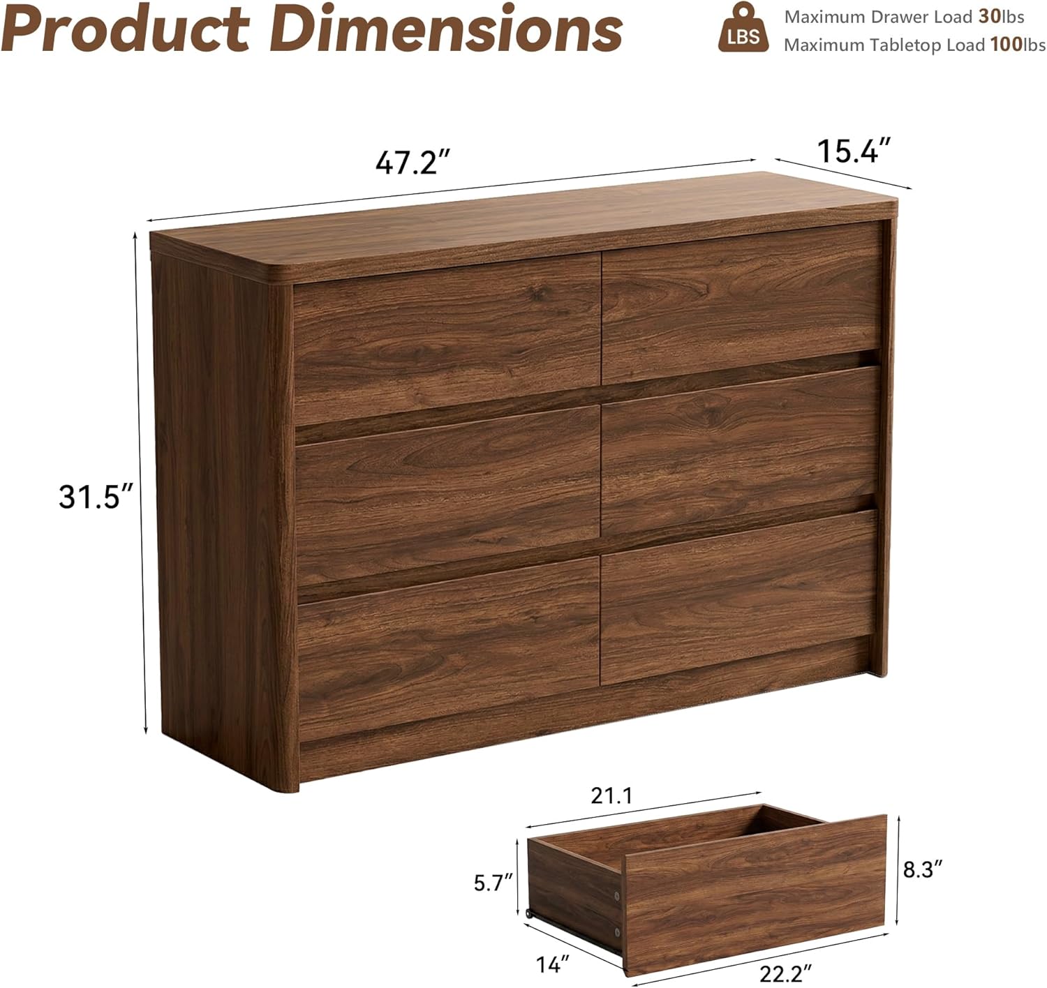 3 Pieces of Dresser and Nightstand Set,47.2 Inch Width 6-Drawer Dresser & 2-Drawer Nightstands Set of 2,Nightstand with USB&Type C Charging Station&Outlets, Modern Design for Bedroom, Walnut