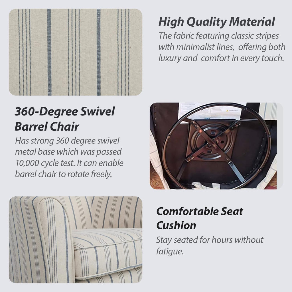Christopher Knight Home Modern 360-Degree Swivel Accent Chair, Fabric Upholstered Club Chair, Comfy Reading Chair for Living Room, Bedroom Office, Beige/Blue Stripe