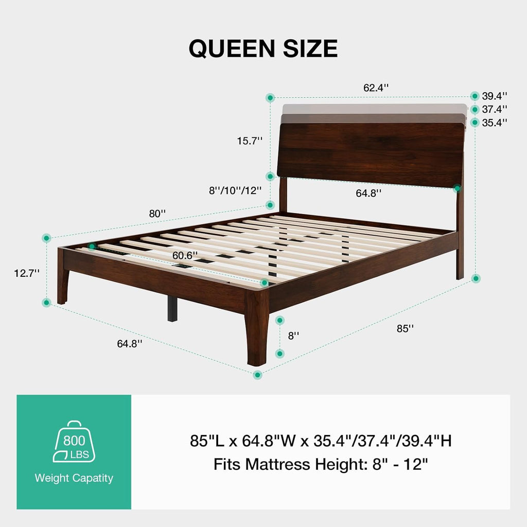 Novilla Queen Bed Frame with 3-Level Adjustable Storage Headboard, Solid Wood Platform Bed Frame with Slats, No Box Spring Needed, Noise Free, Walnut Finish for Master Bedroom and Guest Room