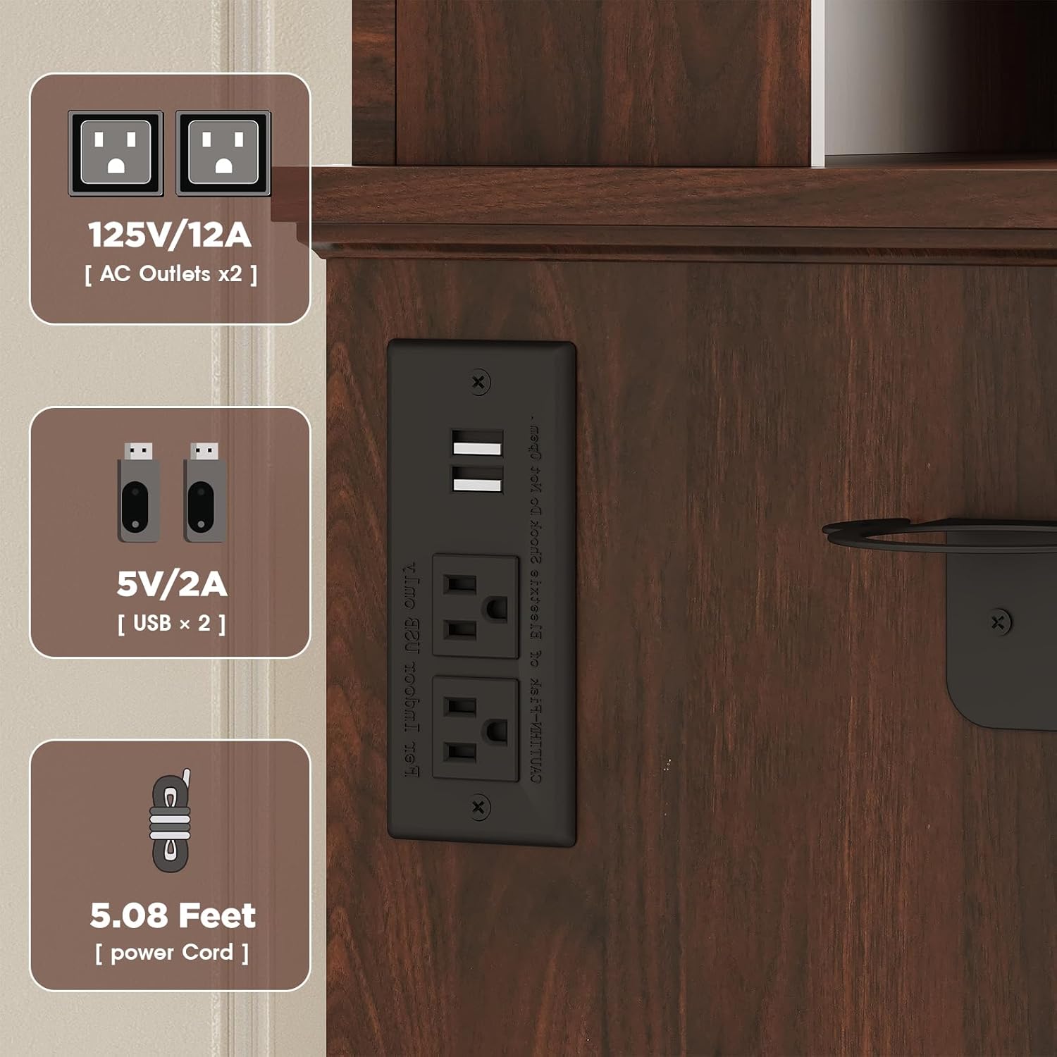 Vabches 42" W Walnut Makeup Vanity Desk with Mirror and Lights and Charging Station, Dark Brown Wood Vanity with Open Storage and Drawers and Stool Chair, Dressing Table Make Up Desk for Bedroom