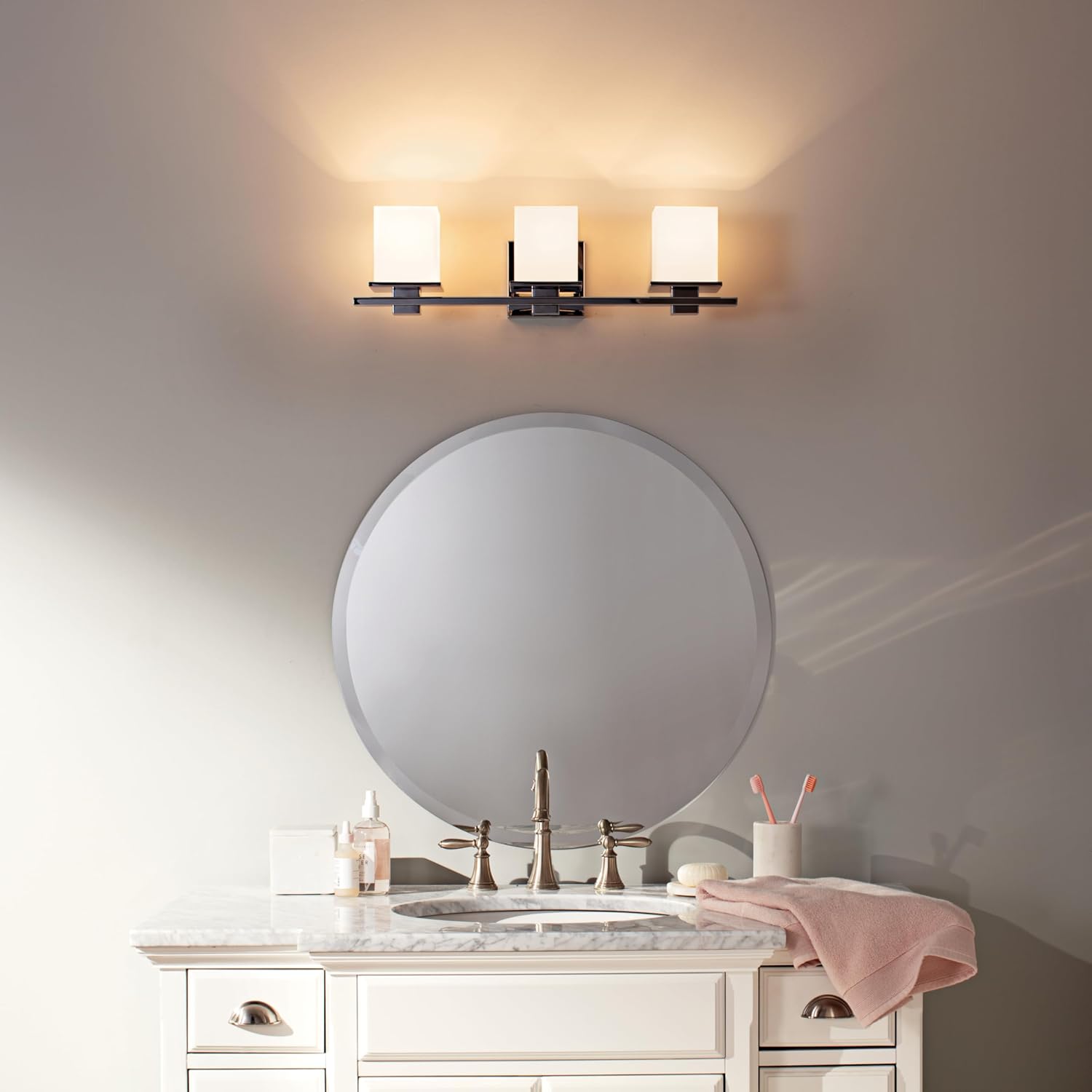 Kichler Tully 24" Vanity Light in Chrome, 3-Light Modern Bathroom Light with Satin Etched Cased Opal Glass, (24" W x 6.5" H), 45151CH