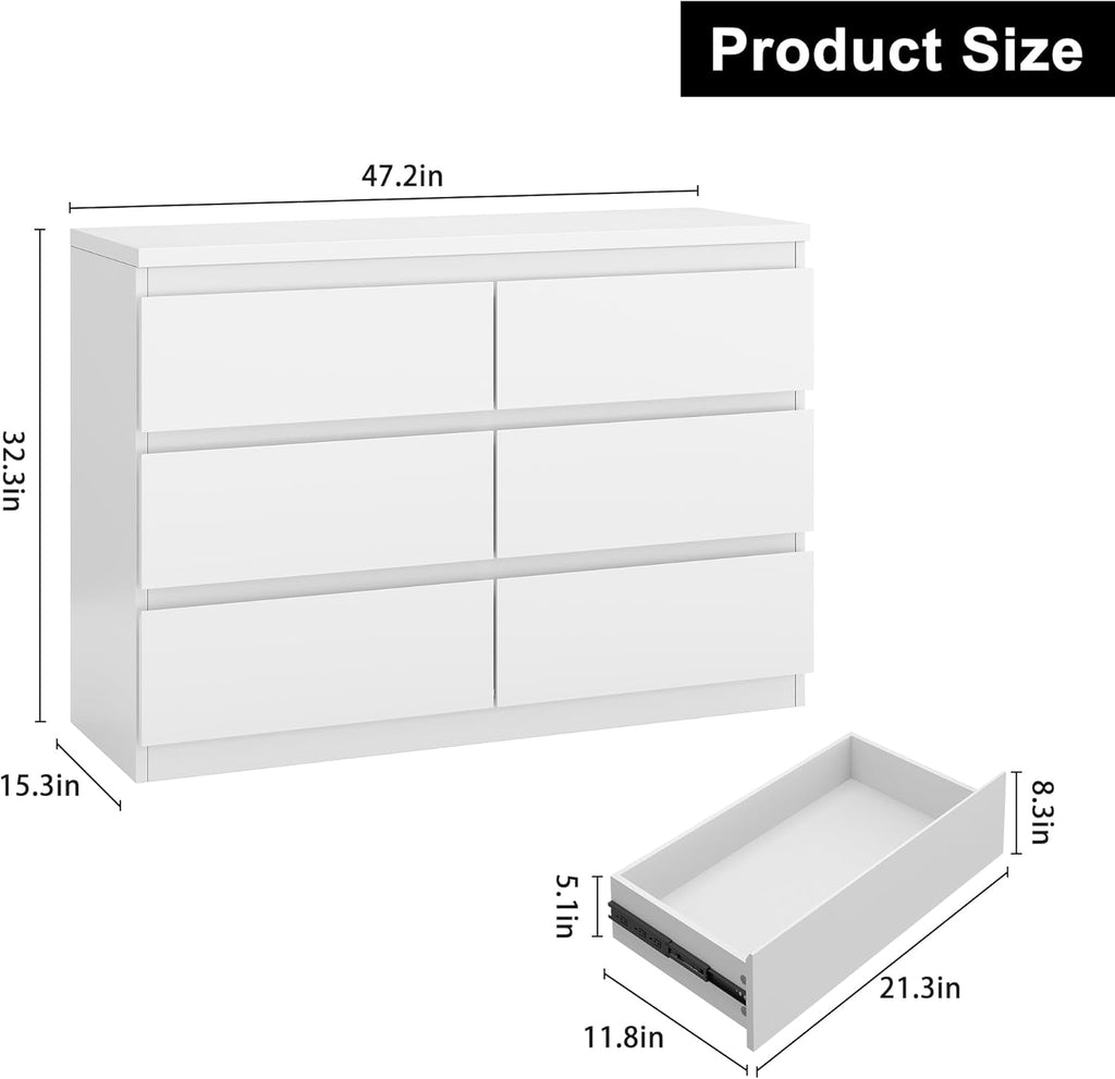 Jocoevol Modern 6 Drawer Dresser White Dresser for Bedroom, Simply Chest of Drawers, Wood Storage Dresser with Deep Drawers for Living Room Hallway Entryway, White