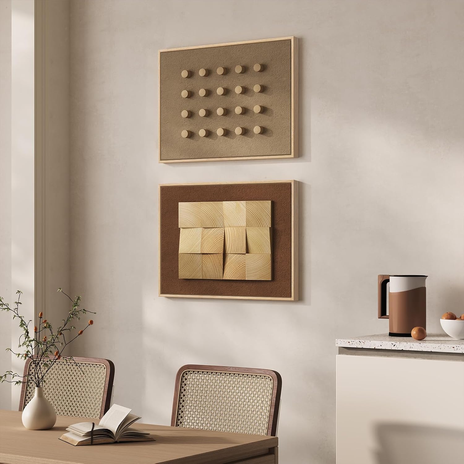 Framed Wood Wall Art Set of 2, Large 3D Textured Modern Minimalist Geometric Wooden Wall Decor, Neutral Brown Artwork for Living Room, Hallway, Dining Room, Bedroom, Office Aesthetic