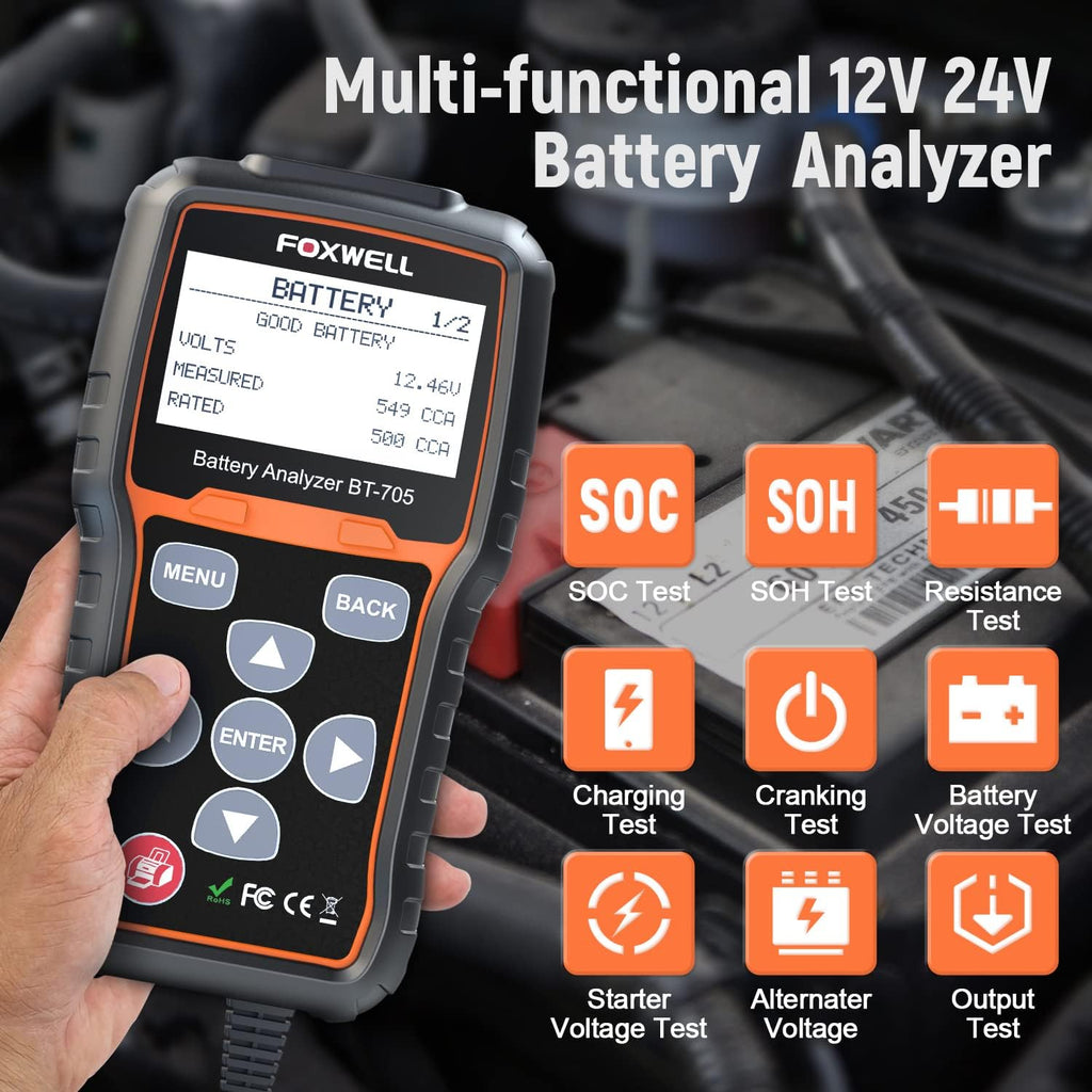 FOXWELL BT705 Car Battery Tester 12V 24V, Automotive Battery Load Tester Analyzer & Portable Carrying Case