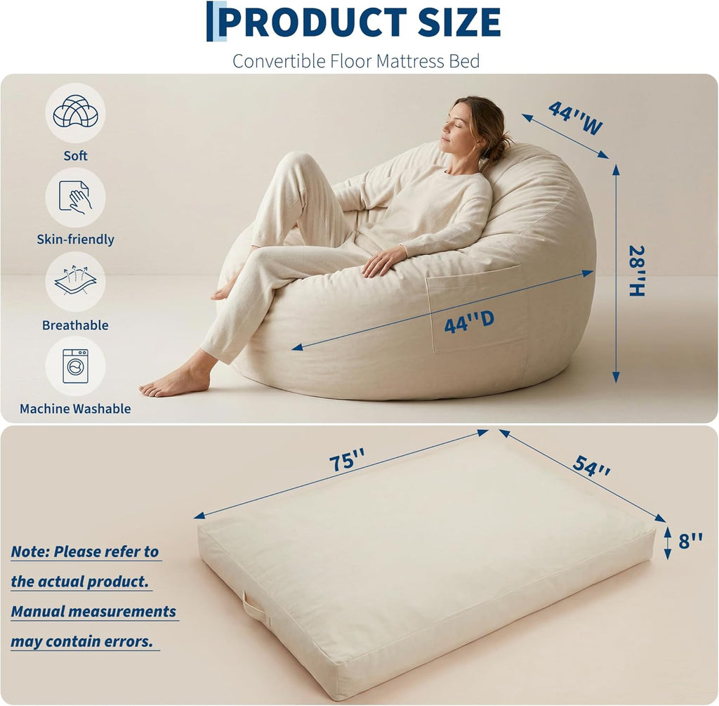 4 in 1 Adult Bean Bag Chair, 4ft Large Beanbag Chair with High Rebound Memory Foam Filler and Removable Cover, Oversized Comfy Flannel Bean Bag Couch Bed Lazy Sofa for Adults Teens, Beige