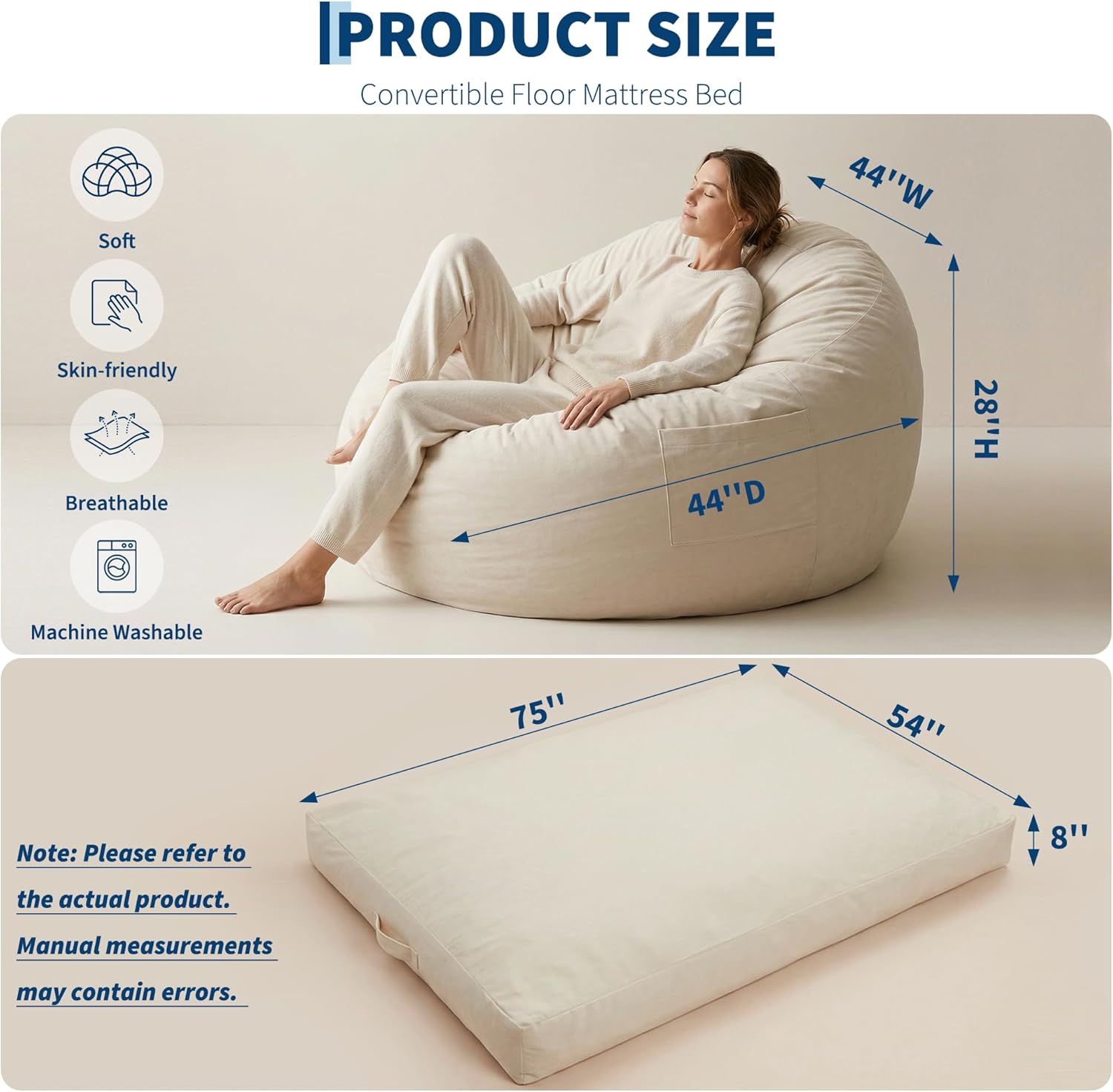 4 in 1 Adult Bean Bag Chair, 4ft Large Beanbag Chair with High Rebound Memory Foam Filler and Removable Cover, Oversized Comfy Flannel Bean Bag Couch Bed Lazy Sofa for Adults Teens, Beige