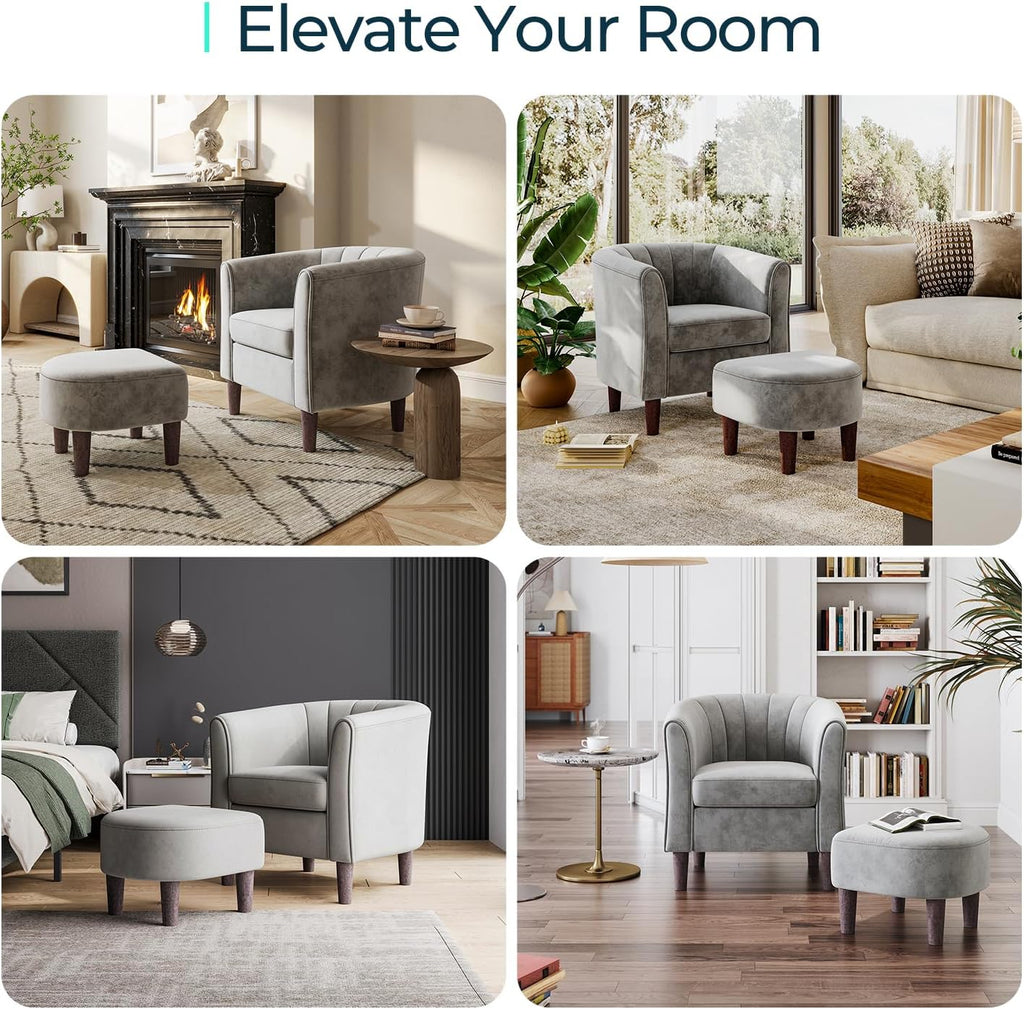 LINSY Accent Chair Set of 2, Velvet Barrel Chair with Ottoman, Modern Comfy Small Armchair for Small Spaces Reading Room Living Room Bedroom Kids Room Office, Grey