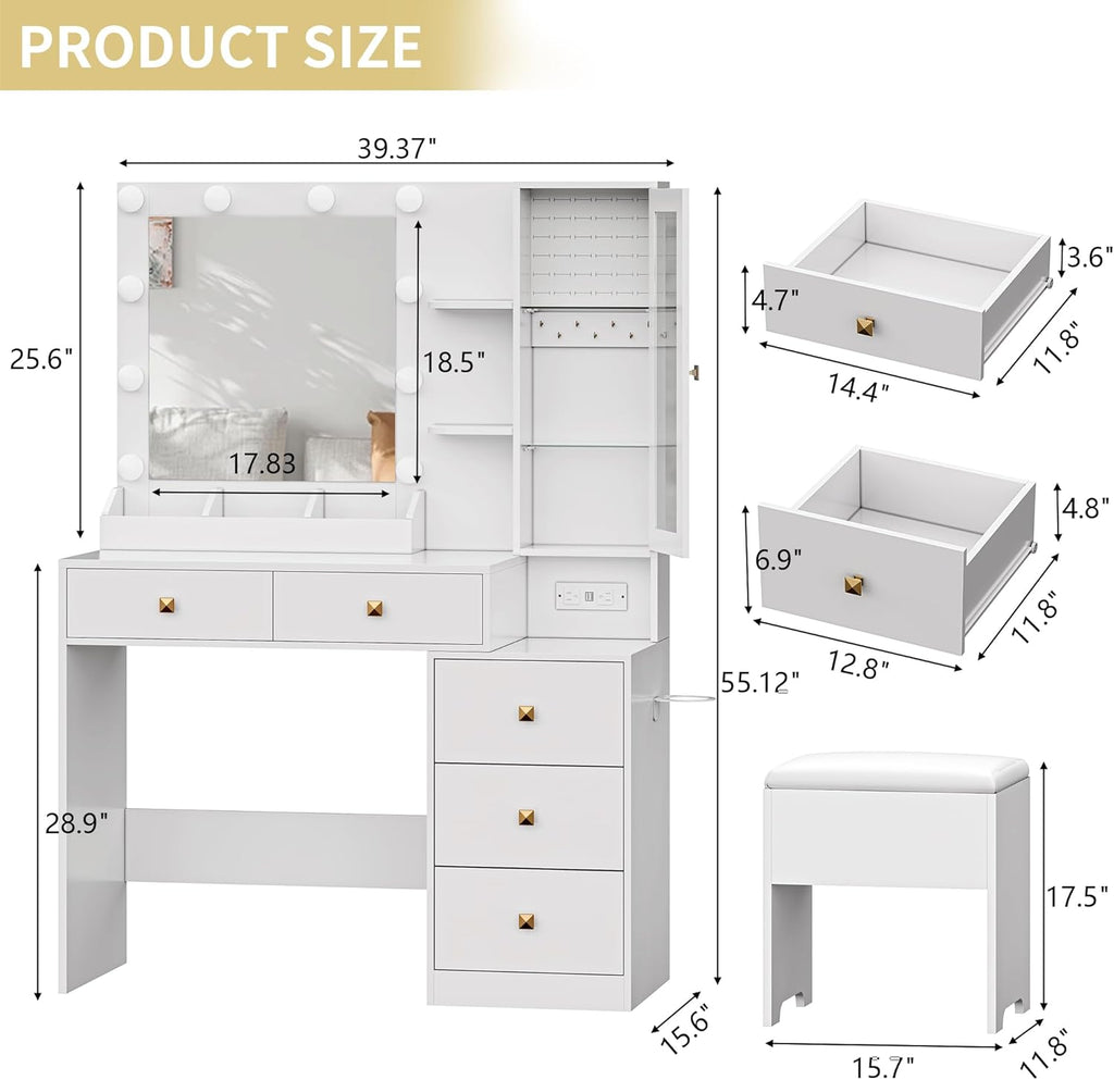 Vanity Desk with Mirror and Lights, Makeup Vanity Table Set with 5 Storage Drawers, Power Outlet & Chair, Small Dressing Table with RGB Ambient Light, Adjustable Brightness for Girls Bedroom, White