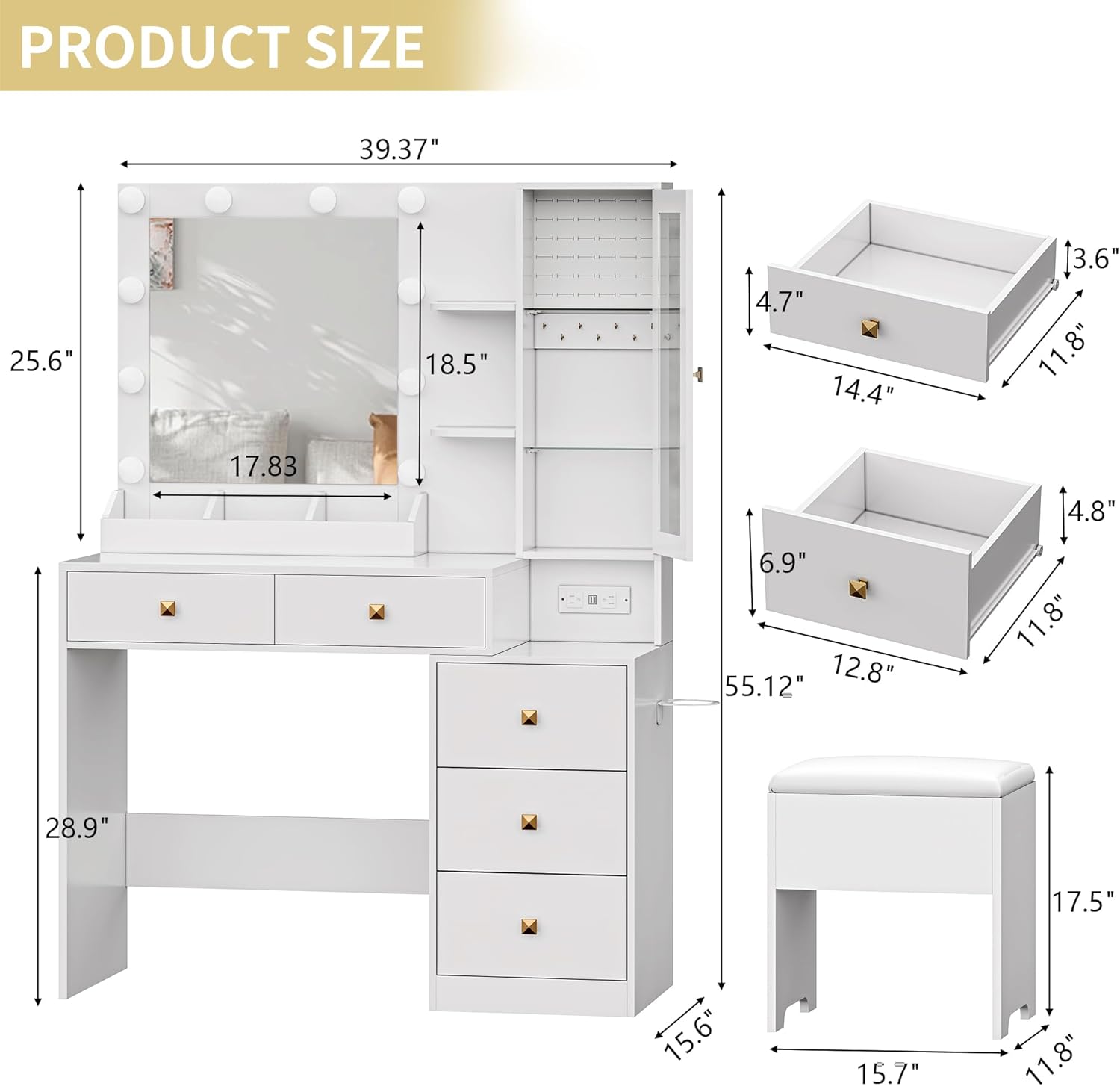 Vanity Desk with Mirror and Lights, Makeup Vanity Table Set with 5 Storage Drawers, Power Outlet & Chair, Small Dressing Table with RGB Ambient Light, Adjustable Brightness for Girls Bedroom, White