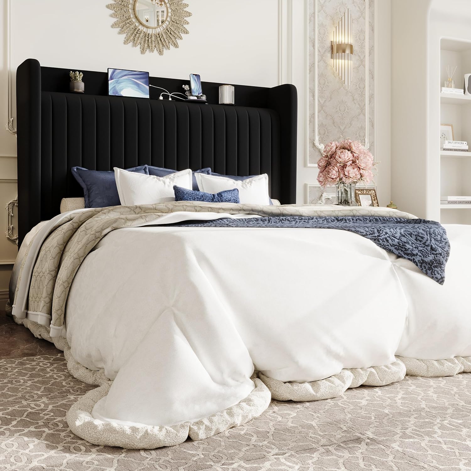 SHA CERLIN Queen Size Velvet Bed Frame with USB Charging Station, Wingback Storage Headboard, Upholstered Platform Bed with Wooden Slats Support, No Box Spring Needed, Easy Assembly, Black