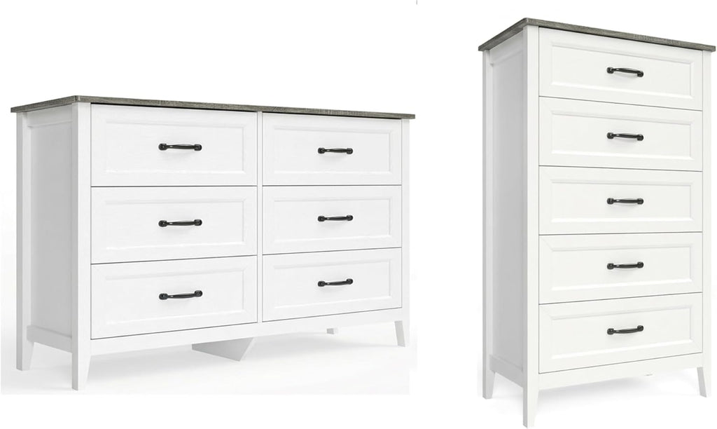 Gizoon 2-Piece Bedroom Furniture Set, Includes 44.8" H 5 Drawer Dresser and 43.3" W 6 Chest of Drawers, Modern Bedroom Dresser Set, with Smooth Rail, Metal Handles, Anti-tip Device, Grey Tabletop