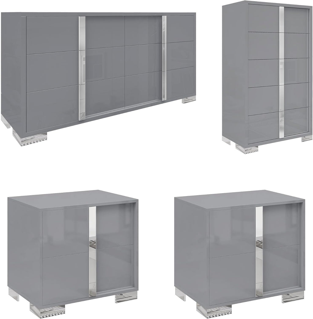 AMERLIFE 4 Piece Bedroom Dresser Set, Modern High Gloss UV Finish, 2 Nightstands, Chest of 5 Drawers & 6-Drawer Dresser, Electroplated Metal Handles, Bedroom Furniture Set, Grey