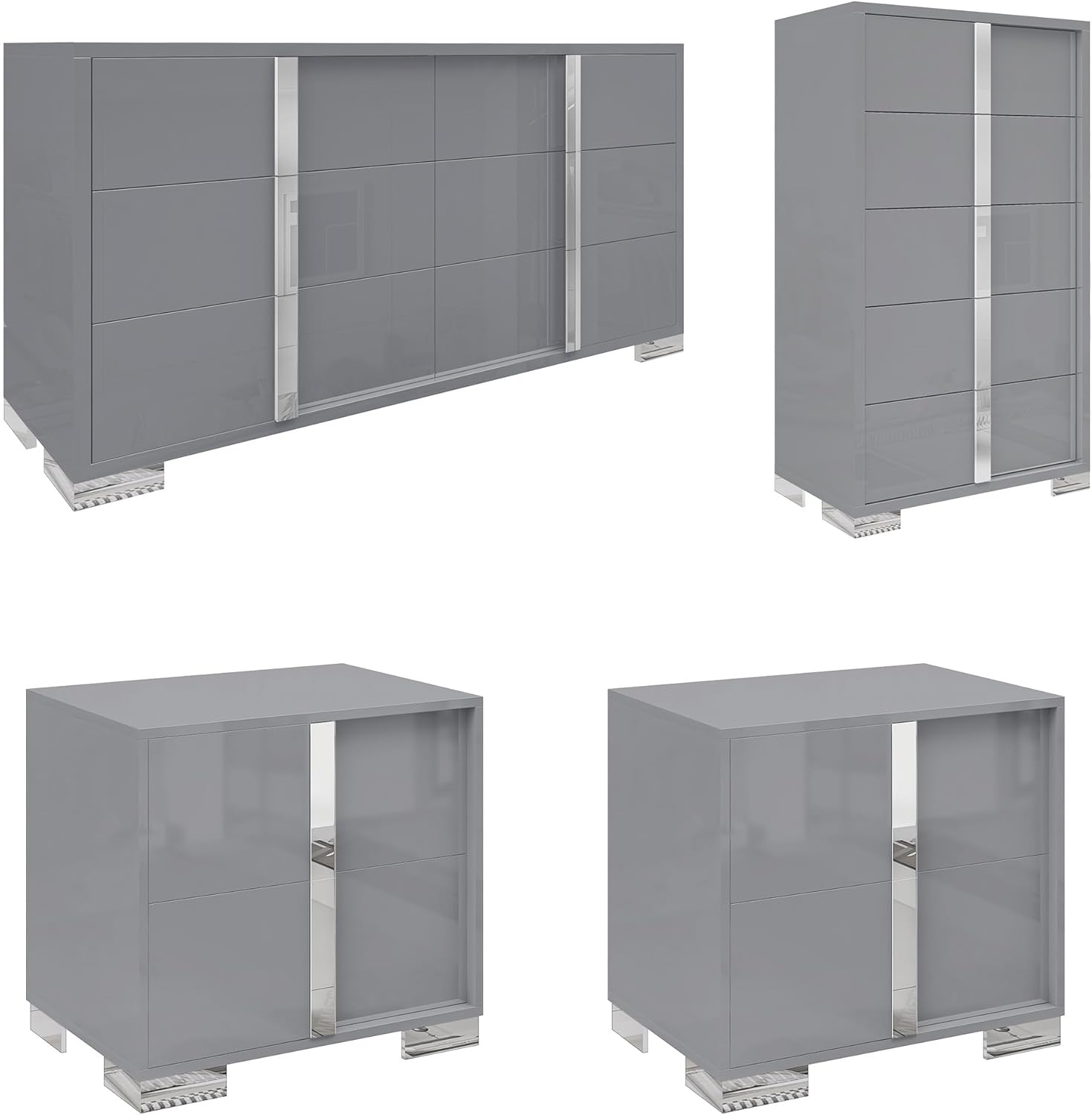 AMERLIFE 4 Piece Bedroom Dresser Set, Modern High Gloss UV Finish, 2 Nightstands, Chest of 5 Drawers & 6-Drawer Dresser, Electroplated Metal Handles, Bedroom Furniture Set, Grey