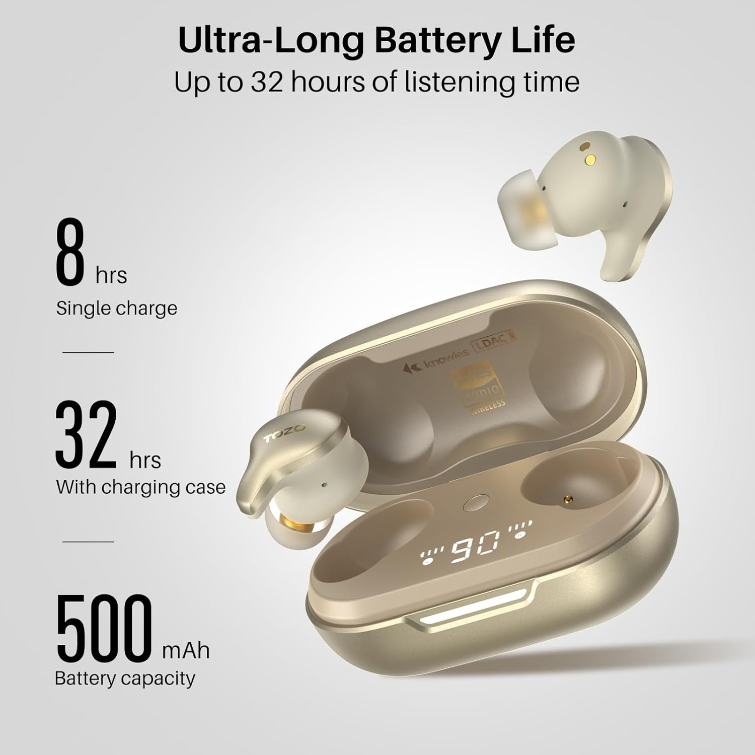 TOZO Golden X1 Wireless Earbuds Balanced Armature Driver and Hybrid Dynamic Driver, Bluetooth Headphones OrigX Pro, LDAC & Hi-Res Audio Wireless, Noise Cancellation Headset Champagne