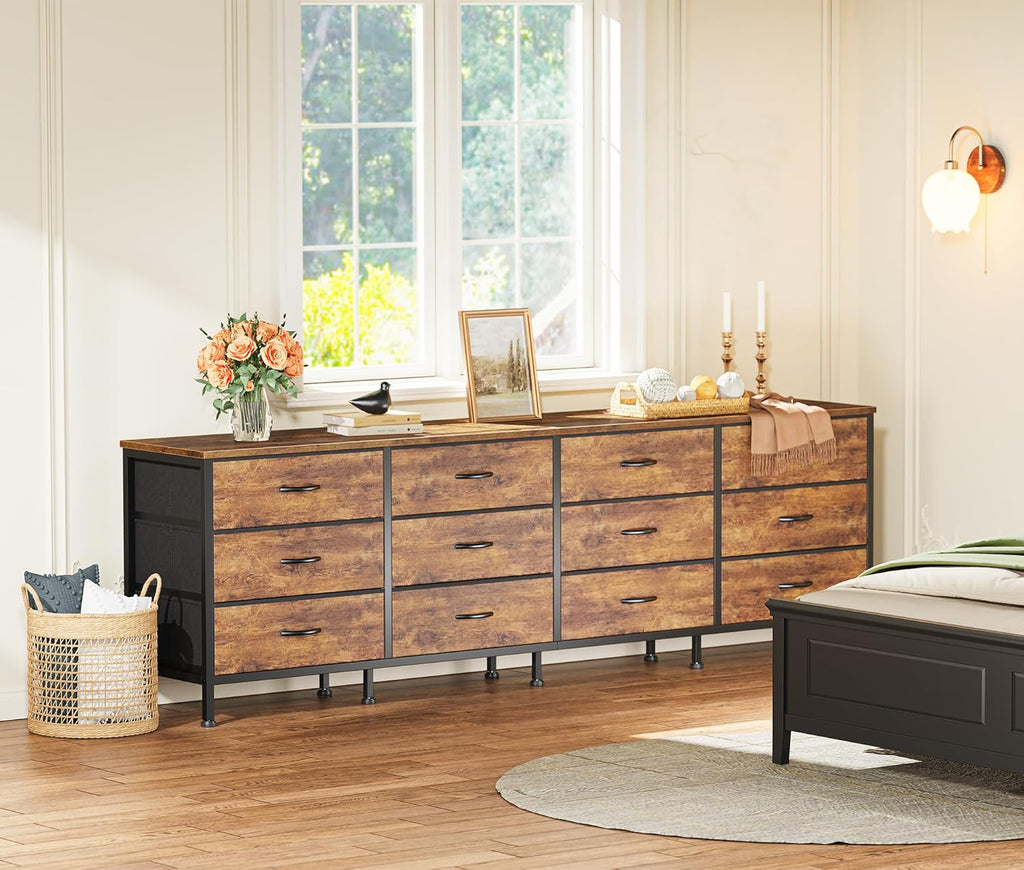Huuger 70 Inch Dresser for Bedroom, TV Stand for 65, 75, 80 Inch TV, 12 Fabric Drawer Long Dresser, Large Entertainment Center for Bedroom, Wide Chest of Drawer with Storage, Rustic Brown