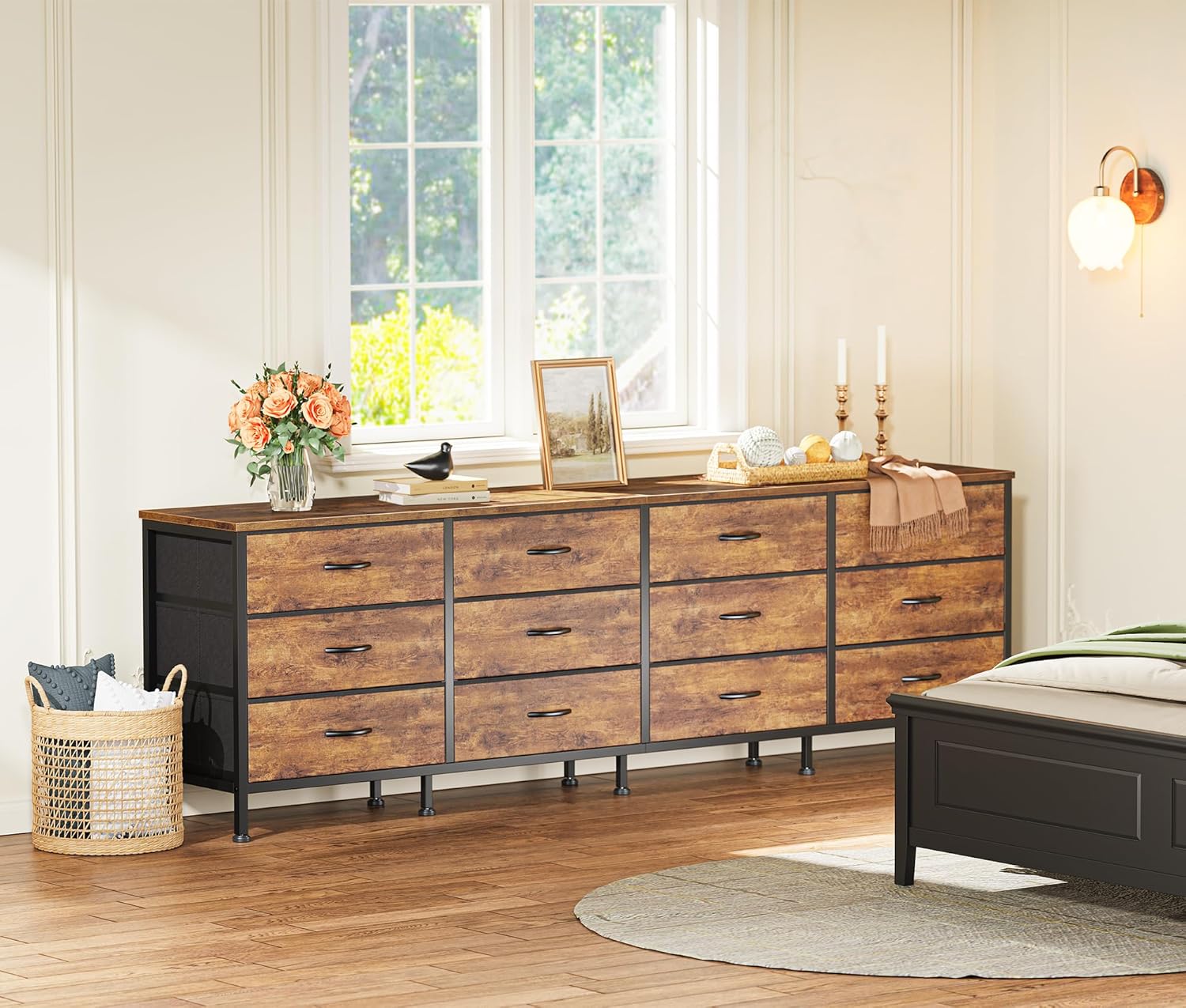 Huuger 70 Inch Dresser for Bedroom, TV Stand for 65, 75, 80 Inch TV, 12 Fabric Drawer Long Dresser, Large Entertainment Center for Bedroom, Wide Chest of Drawer with Storage, Rustic Brown
