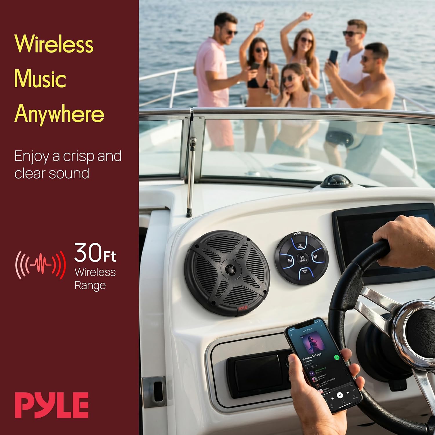6.5'' Dual Marine Speakers Kit - Waterproof-Rated w/Amplified Bluetooth Remote Control Receiver for Powersport Vehicles, IP65 Marine Grade Rating, 600 Watt Max Power - Pyle PLMRKT8