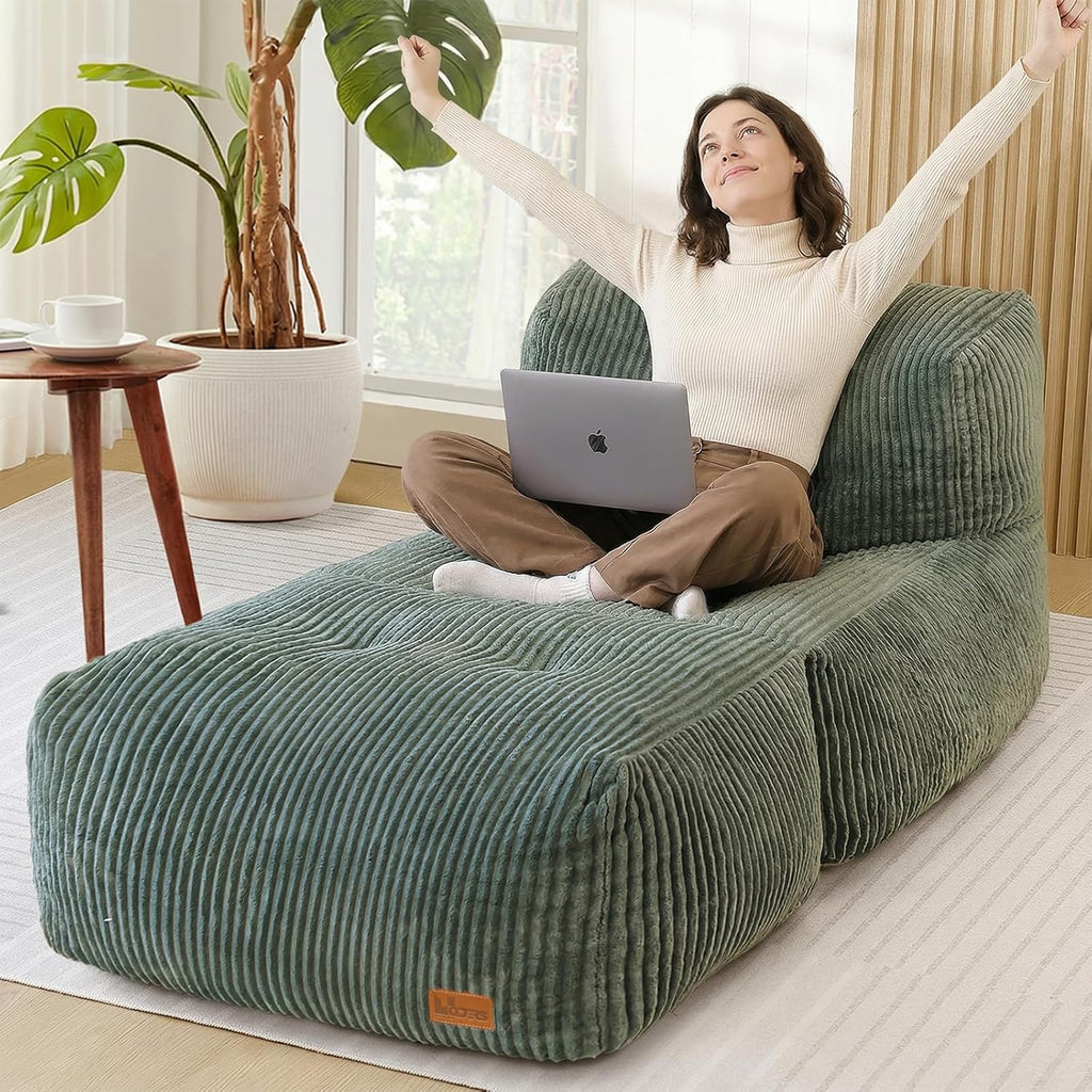 Big Bean Bag Chair for Adults, 66.9"x31.5" Lounger Large Bean Bag Sofa, Memory Foam Filled Beanbag Chair for Living Room, Bedroom, Balcony - Ergonomic Support & Premium Comfort (Green)