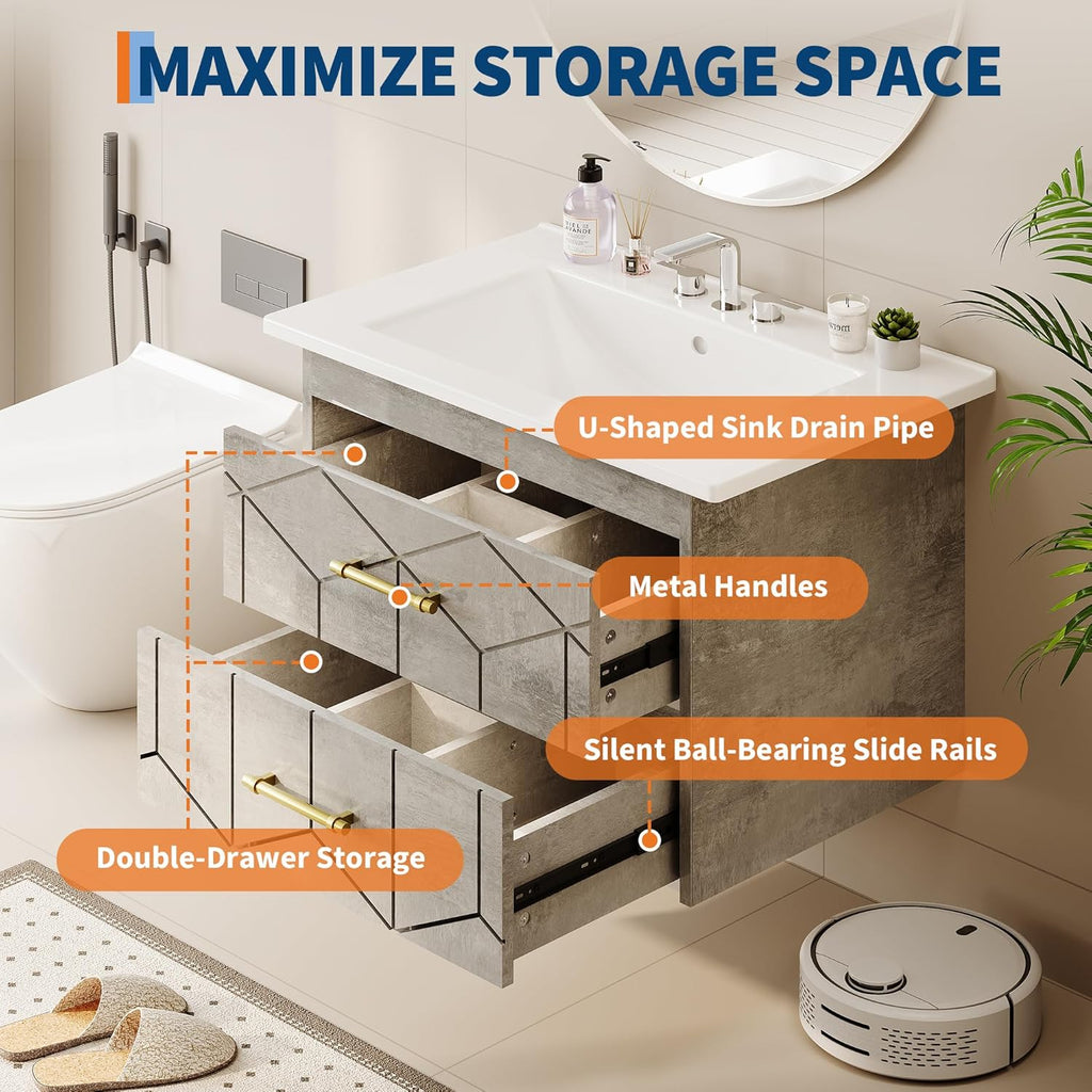 IDEALHOUSE Floating Bathroom Vanity with Sink 24 inch, Modern Bathroom Sink Cabinet, Ceramic Vanity Top, 2 Large Storage Drawers with Gold Metal Handle, Easy to Assembly, Grey