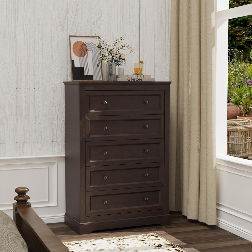 LOUVIXA Farmhouse Bedroom Sets of 4, 4Pcs Farmhouse Dresser Set .Including 9 Drawer Dresser, 5 Drawer Dressers and Nightstand Set of 2 with Charging Station (Brown Sets, 4 Pieces)