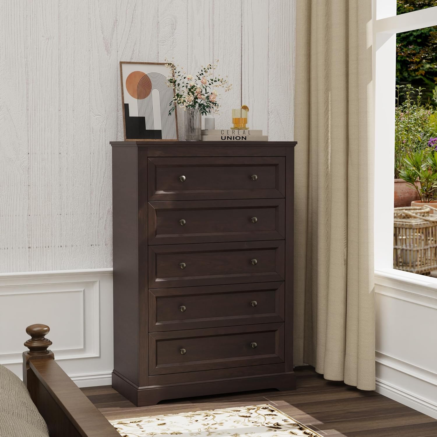 LOUVIXA Farmhouse Bedroom Sets of 4, 4Pcs Farmhouse Dresser Set .Including 9 Drawer Dresser, 5 Drawer Dressers and Nightstand Set of 2 with Charging Station (Brown Sets, 4 Pieces)
