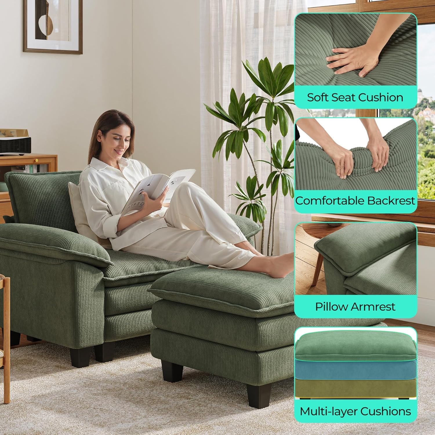 LINSY HOME Cloud Sofa Accent Chair with Ottoman Chaise Lounge Chair Indoor, Corduroy Couch Sofa Chair for Living Room Apartment Bedroom Office, Green