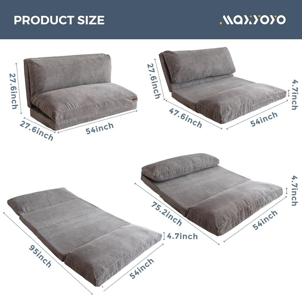 MAXYOYO Folding Sofa Bed, Extra Thick and Long Floor Sofa Convertible Sleeper Chair with Washable Cover, Floor Couch Lounge Bean Bag Bed for Living Room, Grey, 54x95 Inch