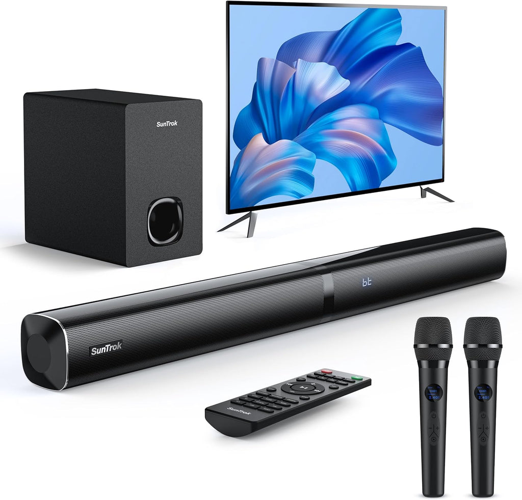 Soundbar with Subwoofer for TV, Home Theater Bluetooth 5.3 Speaker System with 2 Wireless Karaoke Mics, Surround Sound Audio with HDMI ARC, Optical, AUX, USB for Movie, Music, Family Party(Peak 280W)