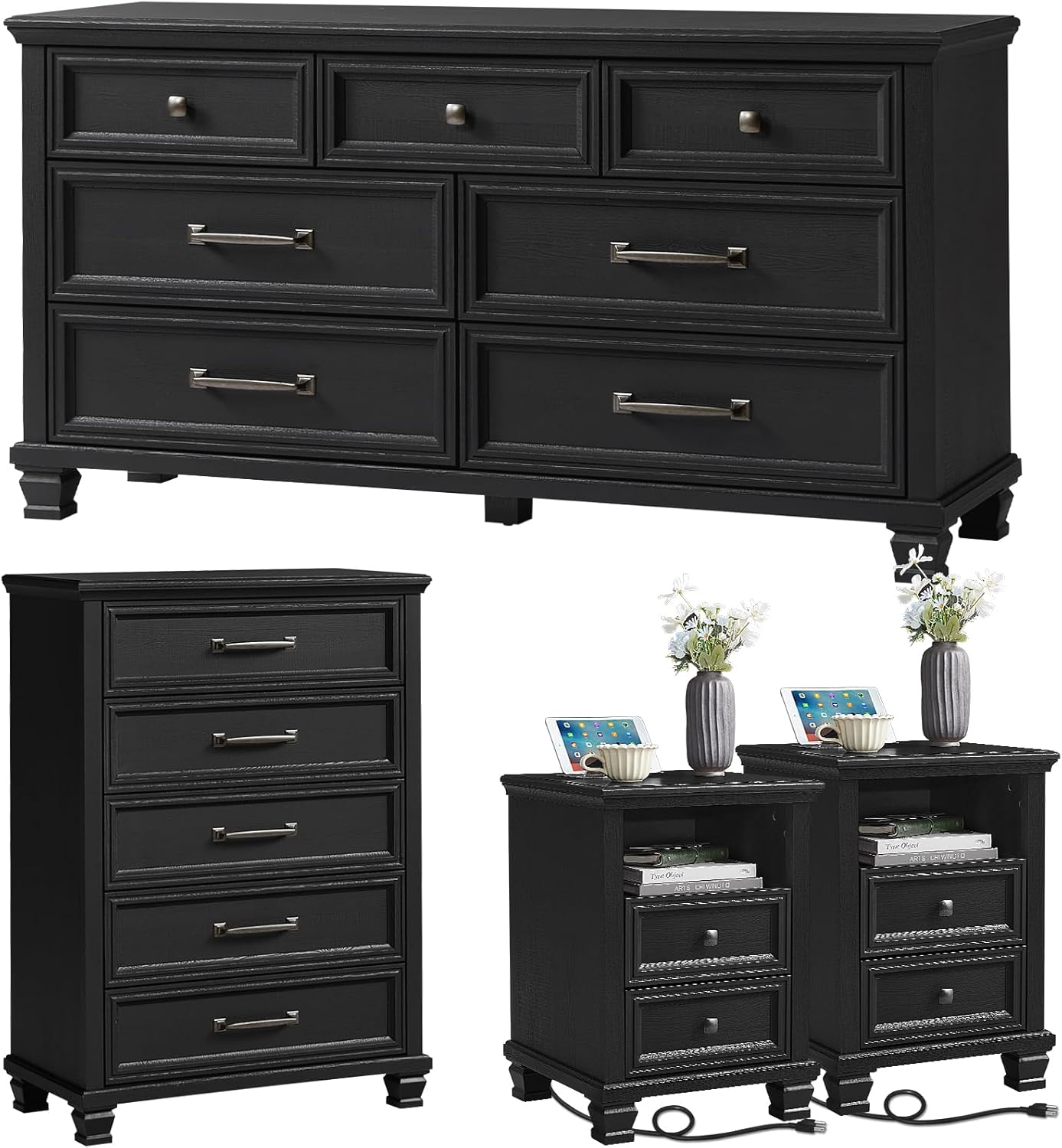 SAVOR LIFE Farmhouse Bedroom Dresser and Nightstand Set 4, 5/7 Drawer Dresser & 2 Drawer Nightstand Set, Rustic Wood Bedroom Furniture Set for Home, Hallway, Black