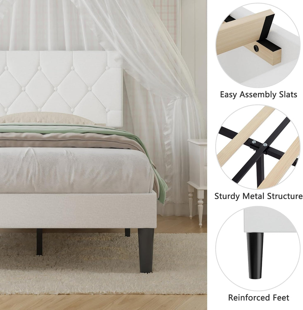 VECELO Twin Size Bed Frame with Button Tufted Headboard, Upholstered Platform Bedframe with Wood Slat Support, No Box Spring Needed, White