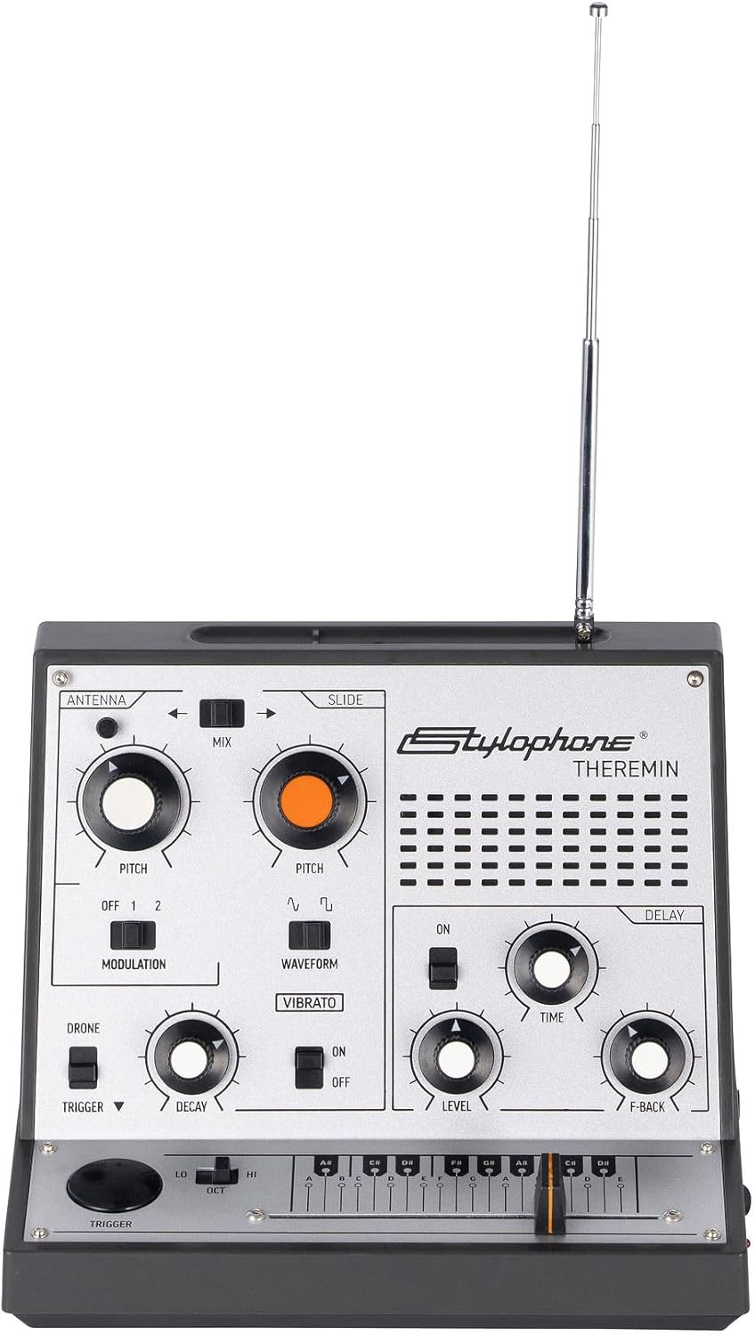 Stylophone Theremin – Award-Winning Portable Touch-Sensitive Synthesizer with Retro Analog Sound, Built-In Speaker, Delay & Vibrato Effects, Slider Control, Compact Battery-Powered Design