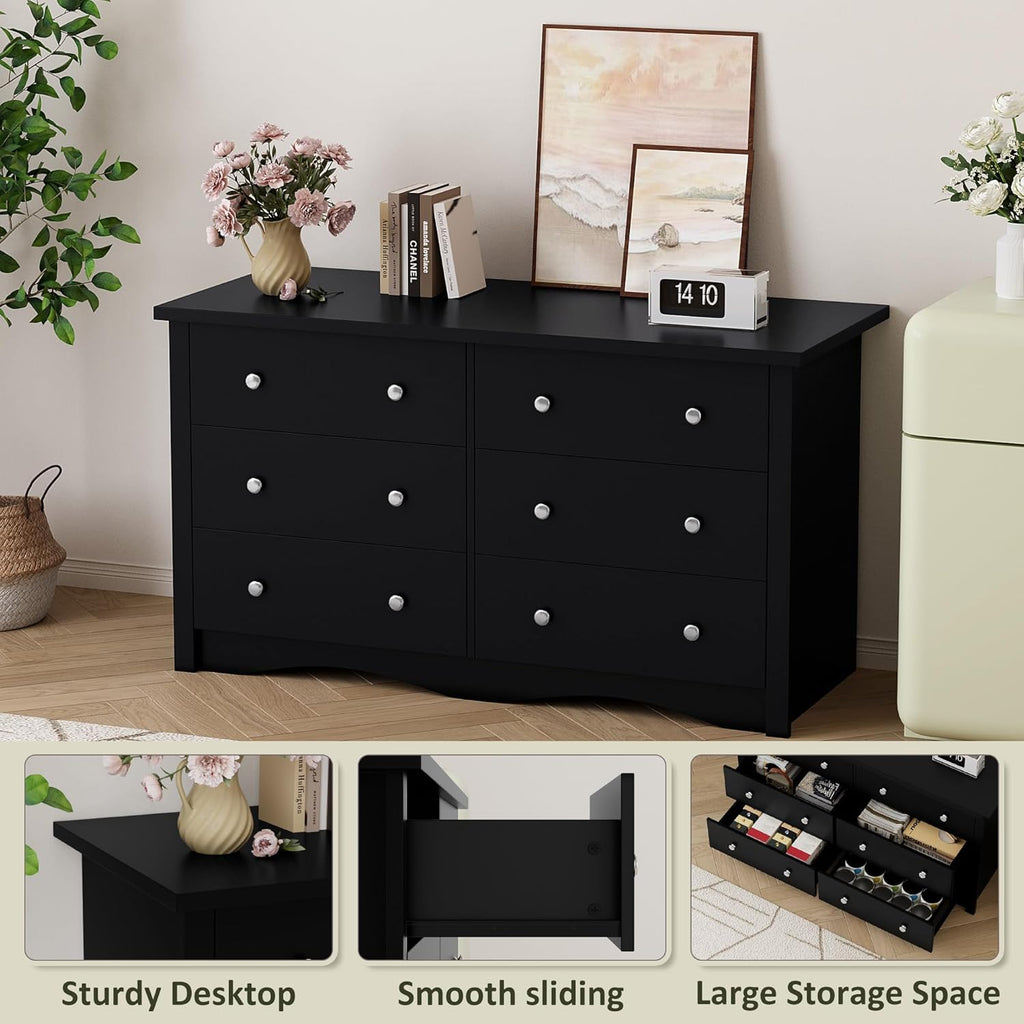 Shahoo Black Dresser for Bedroom with 6 Drawers, 47.2" Wide Chest Storage Organizer and TV Stand for Living Room, Closet, Hallway, Dormitory