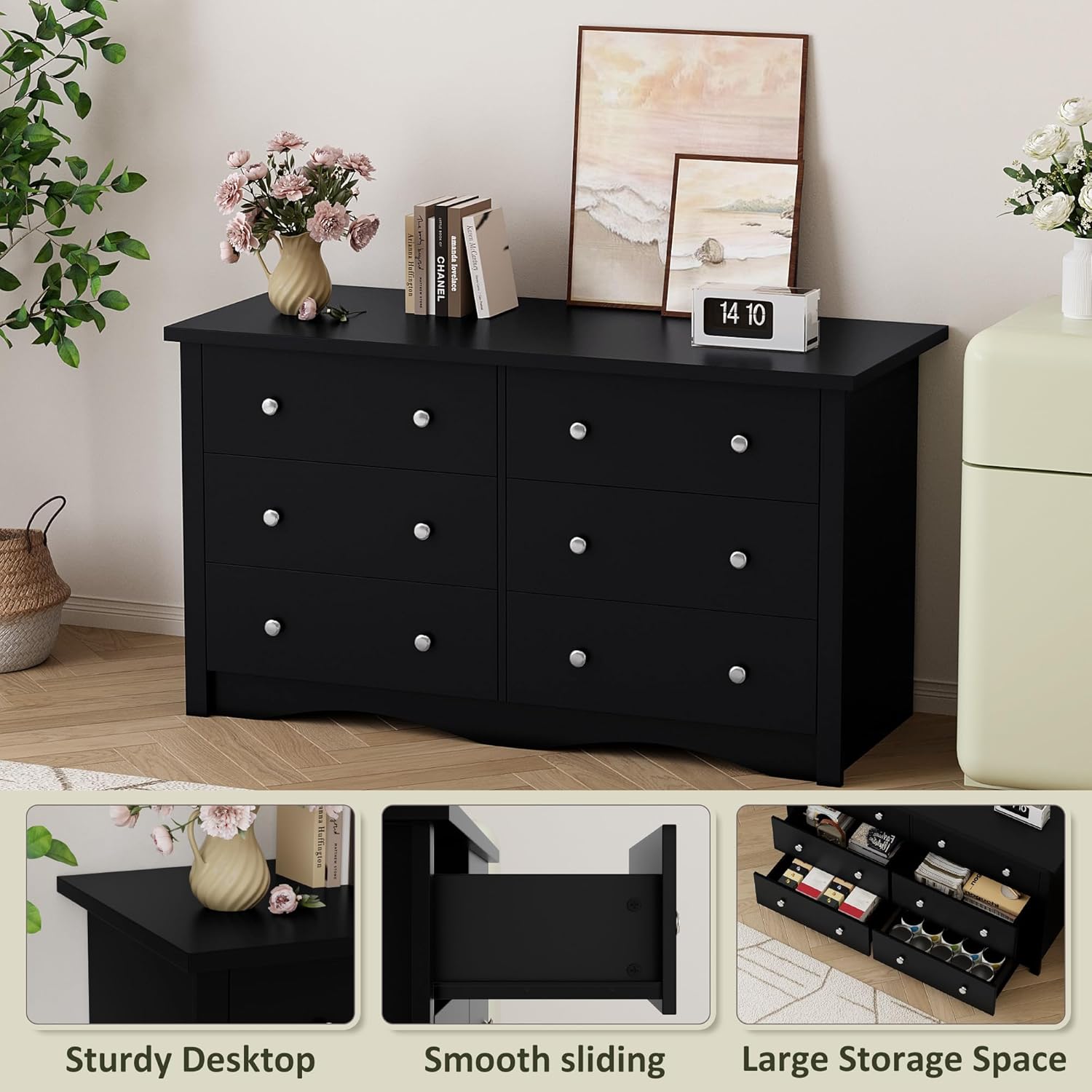 Shahoo Black Dresser for Bedroom with 6 Drawers, 47.2" Wide Chest Storage Organizer and TV Stand for Living Room, Closet, Hallway, Dormitory