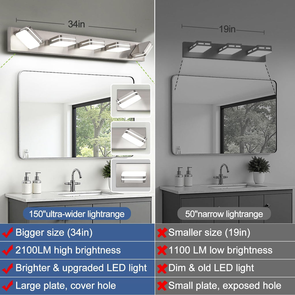 360° Rotate LED Bathroom Vanity Light Fixtures, 2100LM Acrylic Brushed Nickel Vanity Lights for Bathroom, Modern Wall Lighting Fixtures Over Mirror Kitchen Living Room (Natural White Light 5000K)