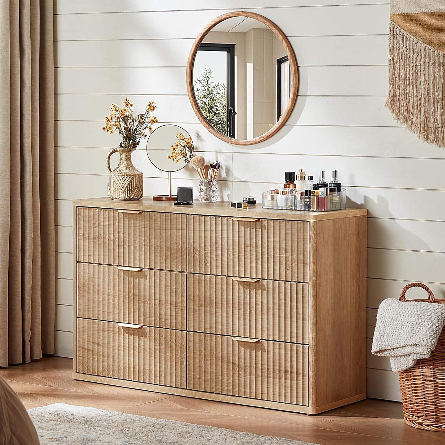 LEYAOYAO Fluted Dressers & Nightstand Set of 4, Wood 48" Wide Dresser & 42" Tall Chest of Drawers,Modern Bedroom Furniture Sets, Natural Wooden Nightstand Set of 2 with 3 Drawers & Charging Station