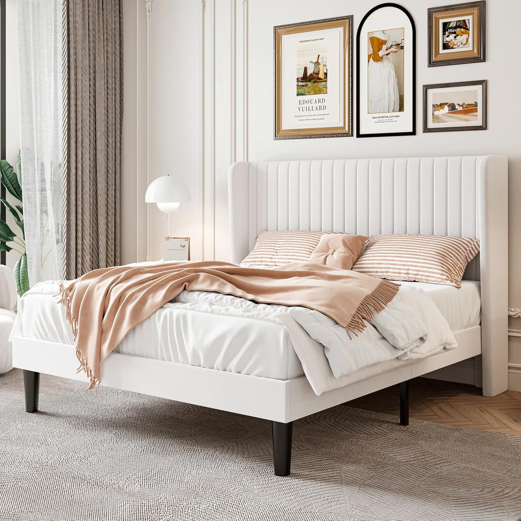 SHA CERLIN Full Size Velvet Bed Frame with Vertical Channel Tufted Wingback Headboard, Upholstered Platform Bed with Wood Slats, No Box Spring Needed, Easy Assembly, White