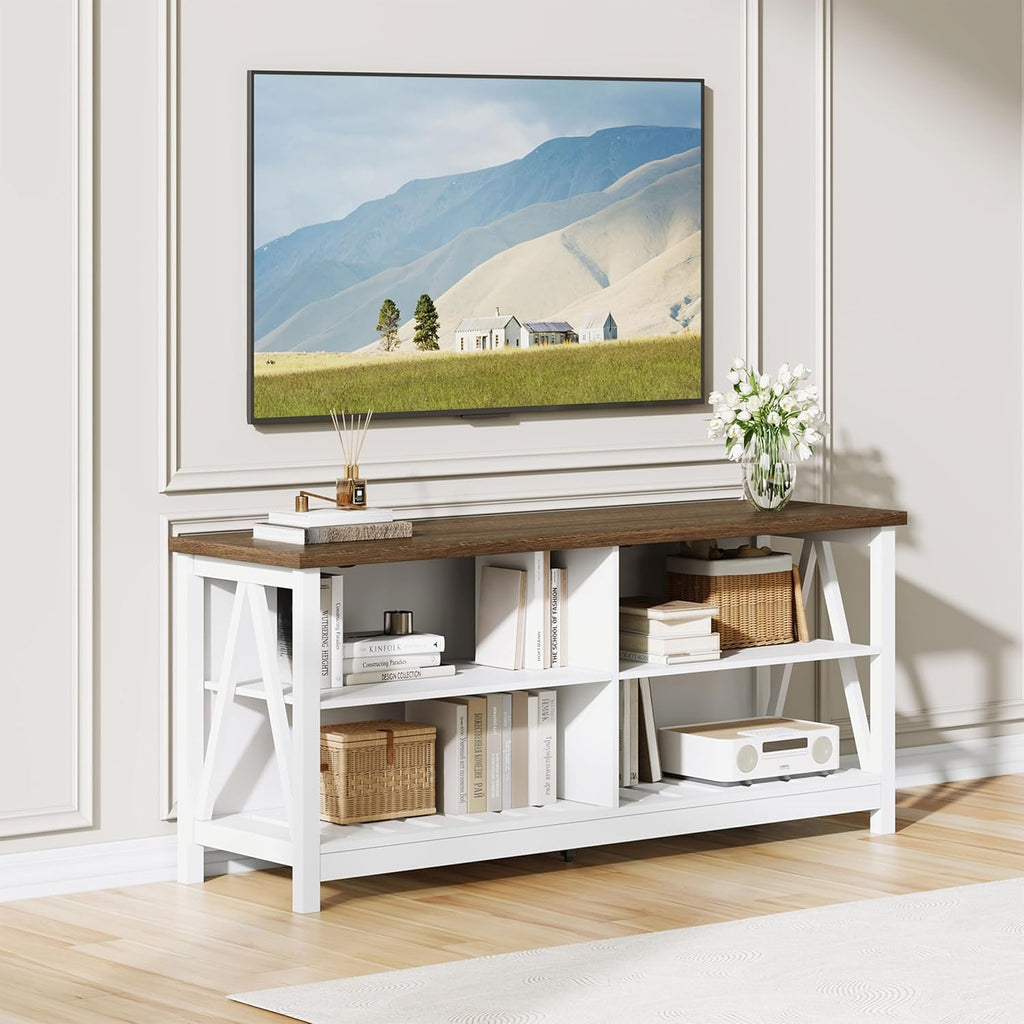 ChooChoo Farmhouse TV Stand for TVs up to 55 Inch, Modern Entertainment Center with 4 Open Shelves & Built-in Cable Holes, Media TV Console for Living Room, Bedroom, White