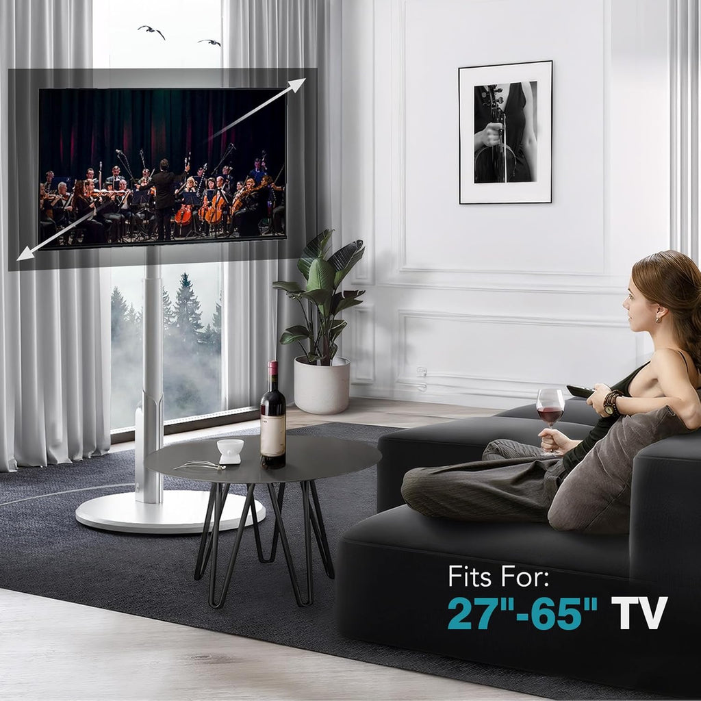 Floor Mobile TV Stand with Power Outlet, Rolling TV Cart for 27-65 Inch OLED LED Monitors, 6 Levels of Height Adjustment, Ambient Lighting on The Bottom Wheels Holds up to 88lbs, 400x400mm