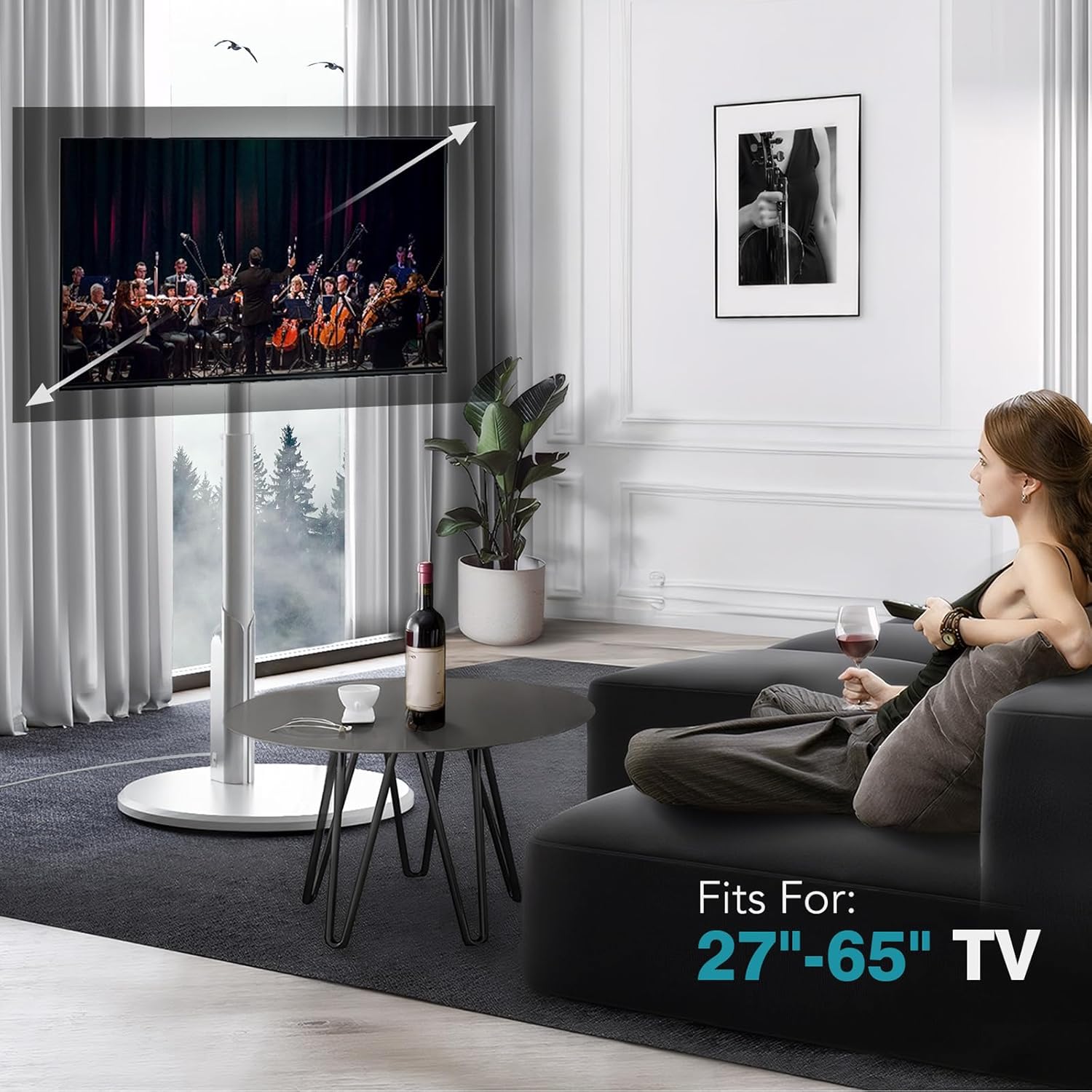 Floor Mobile TV Stand with Power Outlet, Rolling TV Cart for 27-65 Inch OLED LED Monitors, 6 Levels of Height Adjustment, Ambient Lighting on The Bottom Wheels Holds up to 88lbs, 400x400mm