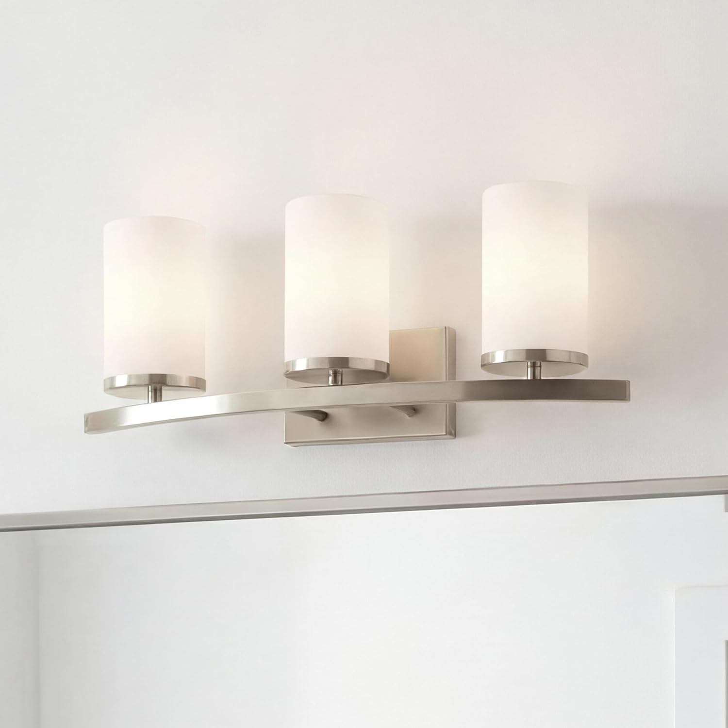 Kichler Crosby 23" Vanity Light in Brushed Nickel, 3-Light Contemporary Bathroom Light with Satin Etched Cased Opal Glass, (23" L x 8.75" H), 45497NI