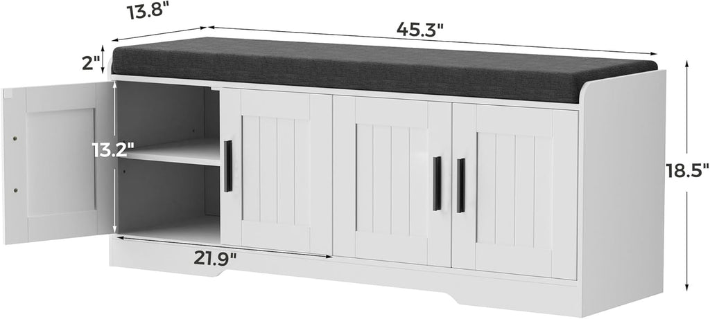 Homleke 2-Tier Storage Bench, Shoe Bench with Thickened Padded Seat Cushion, Entryway Bench with 4 Doors, Adjustable Shelf, 13.8" D x 45.3" W x 18.5" H, for Entryway, Living Room, Bedroom, White