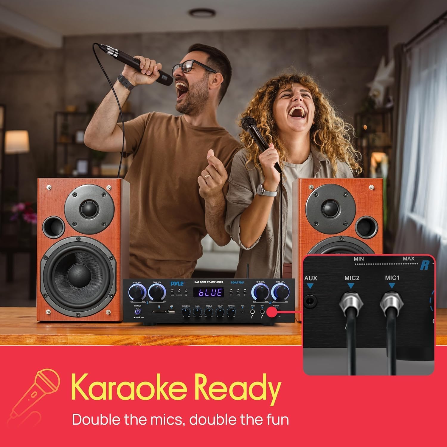 Pyle Home Stereo Receiver with Bluetooth - 4 Channel Amplifier, 800 Watt Max, USB-A Input w MP3 Player, Easy Karaoke Setup with Mic Vol, Reverb and Delay, RCA in/Out, SD Card, FM Radio - PDA77BU